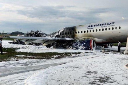 A view shows a damaged Aeroflot Sukhoi Superjet 100 passenger plane after an emergency landing at Moscow's Sheremetyevo airport, Russia May 5, 2019. City News "Moskva"/Handout via REUTERS