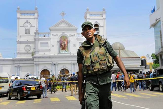 Sri Lankan Army soldiers secure the area around St. Anthony's Shrine after a blast in Colombo (AP Photo)