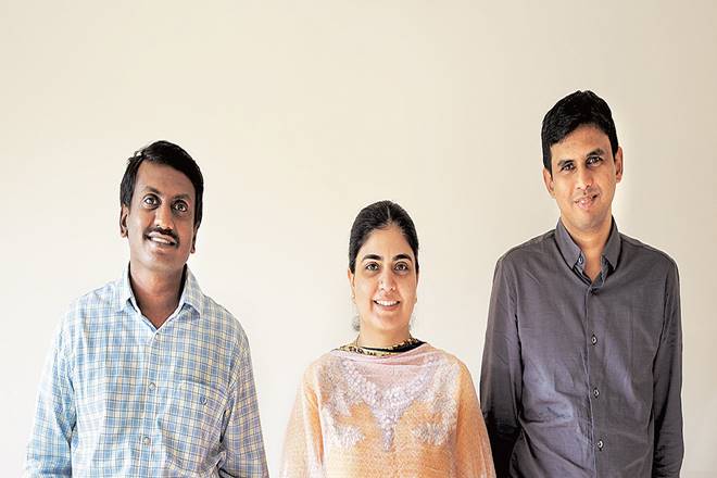 s CureSkin co-founders Ramakrishna R (CTO), Charu Sharma (chief dermatologist) and Guna Kakulapati (CEO)