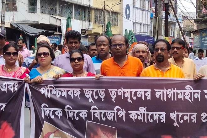 Sayantan Basu, General Secretary leading the protest rally at Basirhat (Image: By arrangement)