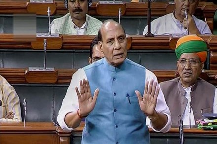Defence Minister Rajnath Singh speaks in the Lok Sabha (PTI Photo)