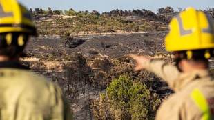 Two firefighters look at burned terrain in Spain (AP Photo)