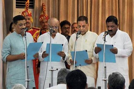 Sanjay Jha, Lakhneshwar Rai, Biraj Kumar and Ram Sewak Sing during the swearing-in ceremony for the cabinet expansion of coalition government of NDA, in Patna. (PTI) Sanjay Jha, Lakhneshwar Rai, Biraj Kumar and Ram Sewak Sing during the swearing-in ceremony for the cabinet expansion of coalition government of NDA, in Patna. (PTI)