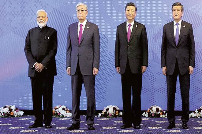 (From left) Prime Minister Narendra Modi, Kazakh President Kassym-Jomart Tokayev, Chinese President Xi Jinping, Kyrgyz President Sooronbay Jeenbekov, before a session at the Shanghai Cooperation Organisation summit in Bishkek, Kyrgyzstan, on Friday (AP photo)