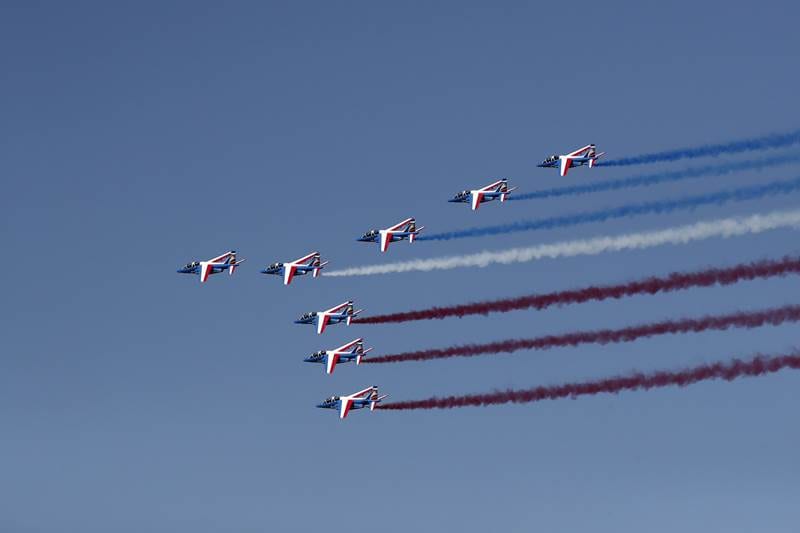 Alpha jets from the French Air Force Patrouille de France fly during the inauguration ceremony of the 53rd International Paris Air Show at Le Bourget Airport. The aviation elite from across the globe gathered at the venue. (AP Photo)