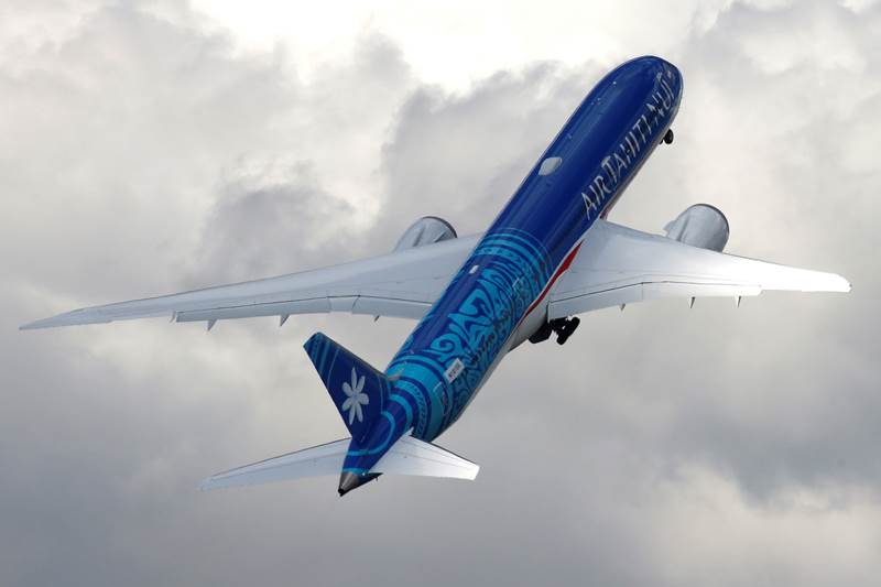 An Boeing 787-9 Dreamliner of Air Tahiti Nui company fly during the ongoing 53rd International Paris Air Show at Le Bourget Airport near Paris (Reuters photo)