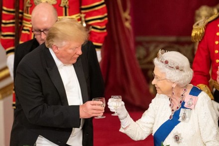 US President Donald Trump and Britain's Queen Elizabeth raise their glasses to make a toast at the State Banquet at Buckingham Palace in London. (Reuters)
