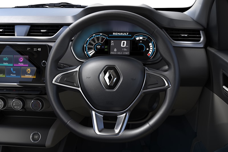 The Renault Triber comes with a fully-digital LED instrument cluster. This cluster houses an 8.9-inch LCD screen. The Triber gets a three-spoke steering wheel which looks elegant but does not get controls for the infotainment system.