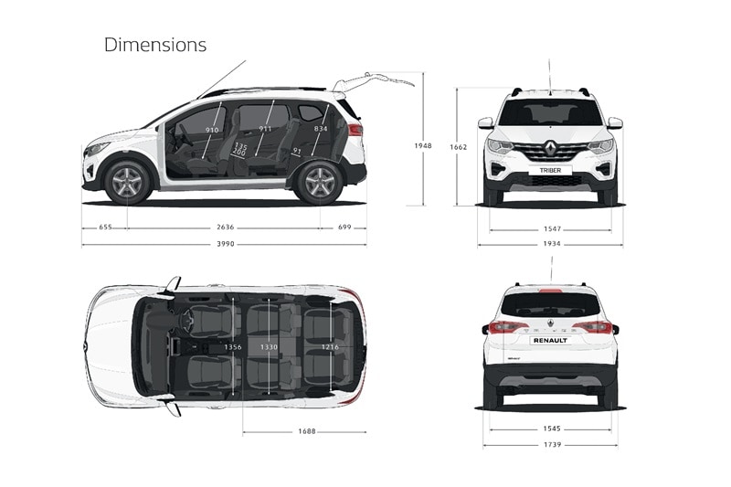Dimensionally, the Renault Triber is going to measure 1,739 mm in width, 1,643 mm in height and 3,990 mm in length. It will have a wheelbase of 2,636 mm. Ground clearance of the Renault Triber is 182 mm. With all the rows up, it offers a boot capacity of 84-litres. With the third row removed, the boot-capacity increases to 625-litres.