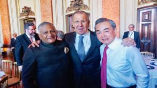 Gen (retd) V K Singh with ministers Lavrov and State Councillor Wang Yi at BRICS foreign ministers meet in Brazil (Twitter image)