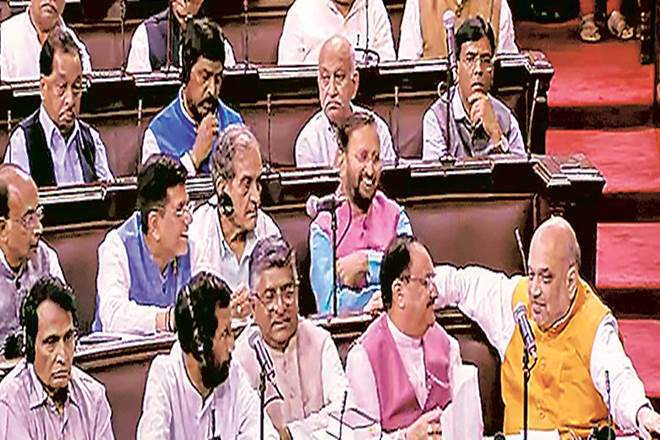 Union Ministers Amit Shah, Ravi Shankar Prasad and others in the Rajya Sabha on Tuesday (PTI) Union Ministers Amit Shah, Ravi Shankar Prasad and others in the Rajya Sabha on Tuesday (PTI)
