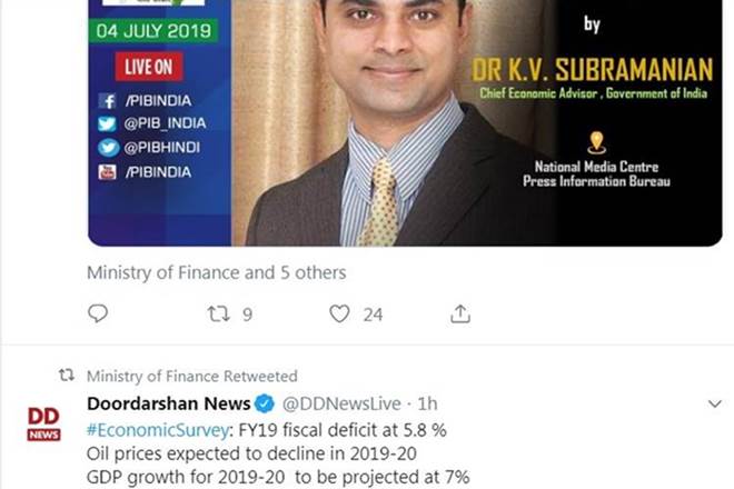 DD News, Tweet, DD News Twitte Handle, Finance Ministry Twitter, Economic Survey, Fiscal Deficit 5.8% of the GDP