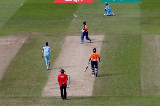 Rishabh Pant releases his bat as he attempts to hit the ball off a bowl from England's Mark Wood. (Reuters)