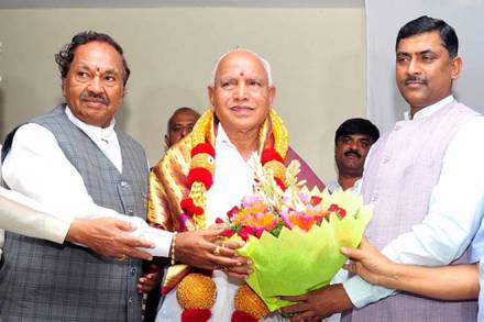 Karnataka Chief Minister BS Yediyurappa being felicitated during a meeting with BJP MLAs in Bengaluru. (PTI Photo)
