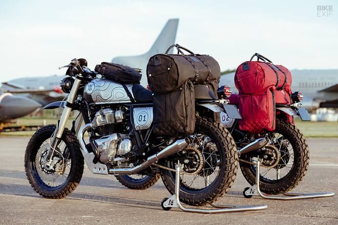 The two have Moto Panniers on either sides with 20 kilos of tools in them. The large duffel at the back holds a checkpoint kit, plus spare fuel tanks, cables, consumables like zip ties and duck tape, and the personal effects of the engineers. (Source: Bikeexif)