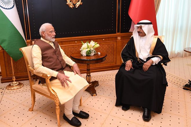 PM Modi with his Bahrain counterpart HH Prince Khalifa Bin Salman Al Khalifa (Twitter image) PM Modi with his Bahrain counterpart HH Prince Khalifa Bin Salman Al Khalifa (Twitter image)
