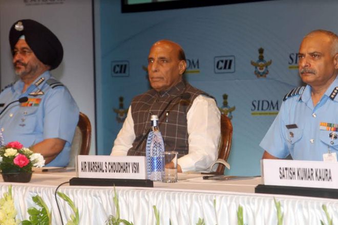 Raksha Mantri Shri Rajnath Singh at the seminar on ‘Modernisation and Indigenisation plans of the Indian Air Force’ in New Delhi on Tuesday, August 20, 2019. Also seen in the picture are Chief of Air Staff Air Chief Marshal Birender Singh Dhanoa and Air Officer-in charge Maintenance Air Marshal S. Choudhary.
