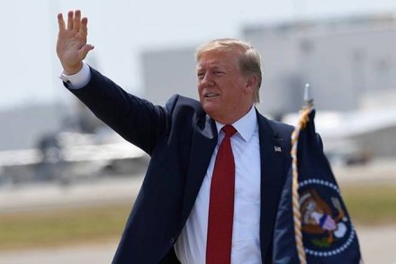 President Donald Trump waves to the crowd after arriving on Air Force One at Louisville International Airport in Louisville, Ky., Wednesday, Aug. 21, 2019. Trump is in town to speak at the American Veterans (AMVETS) 75th National Convention. (AP Photo)