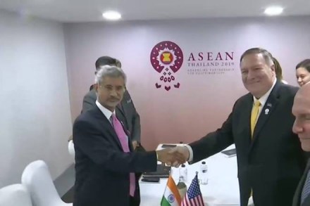 He met US Secretary of State Pompeo on the sidelines of the second day of 9th East Asia Summit Foreign Ministers meet in Bangkok. (ANI Photo) He met US Secretary of State Pompeo on the sidelines of the second day of 9th East Asia Summit Foreign Ministers meet in Bangkok. (ANI Photo)