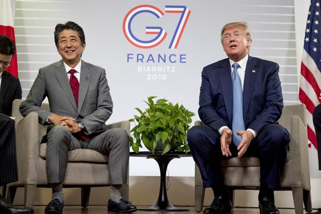US President Donald Trump and Japanese Prime Minister Shinzo Abe speaks at a news conference at the G-7 summit in Biarritz, France where they announced that the U.S. and Japan have agreed in principle on a new trade agreement