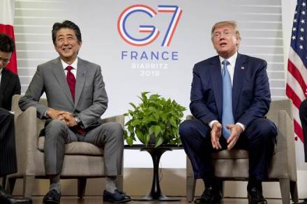 US President Donald Trump and Japanese Prime Minister Shinzo Abe speaks at a news conference at the G-7 summit in Biarritz, France where they announced that the U.S. and Japan have agreed in principle on a new trade agreement