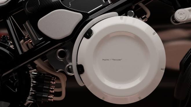 Psyche has several of Confederate/Curtiss design elements - tiny saddle, outrageous girder front end, long, low proportions and skeletal design. But then, it's also got features we've never seen before on a motorcycle.