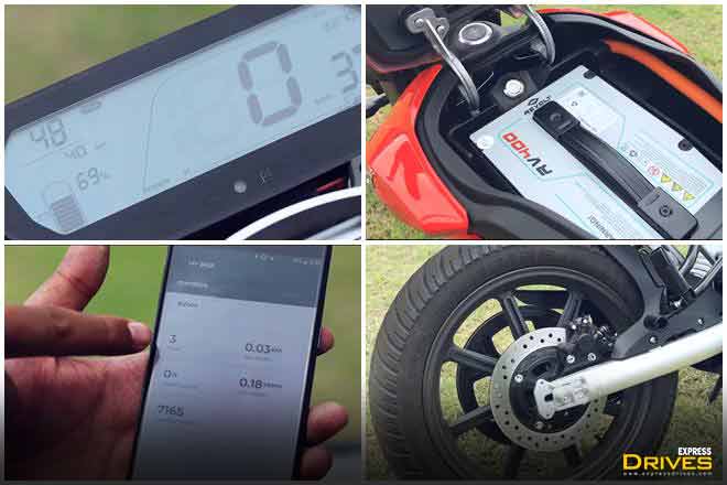 Revolt RV400 comes with a portable battery that weighs 19 kg. For charging, the bike can be plugged onto a charger directly or the user can pull out the battery pack and take it their home or office to charge. It takes 4.5 hours for RV400's battery to charge from 0-100%. The RV400 comes with a 3 kW motor that draws power from a 72 V battery.
