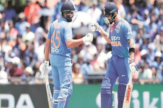 Rohit Sharma and Virat Kohli during their partnershio against WI. (PC: IE)