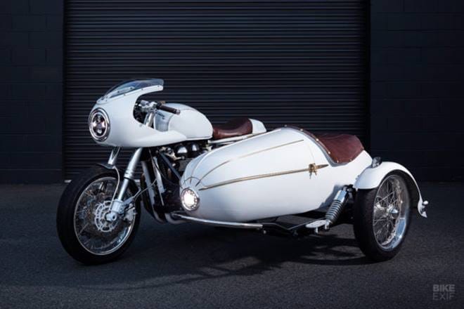 'Cold Brew Car Racer': Brainchild of Tom Gilroy of Purpose Built Moto and built around a Triumph Scrambler. “I rolled up on my GS550 to see my mates Jake and Rich, who threw an idea my way,” Tom recalls. Jake’s family own the Sandbar, and the idea was to build a sidecar rig to deliver Vittoria Cold Brew Coffee to the coastal community. (Source: Bikeexif)
