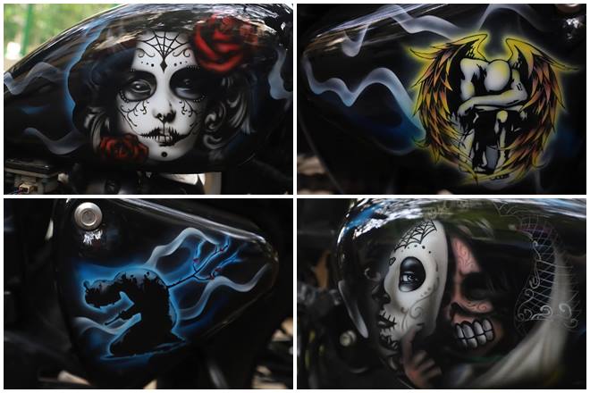 Every nook and cranny of this modified Royal Enfield has got artwork on it – from the front fender to the rear and of course, the fuel tank is like an empty canvas that the artist can fill. The artwork is rather dark in nature and would appeal to youngsters.
