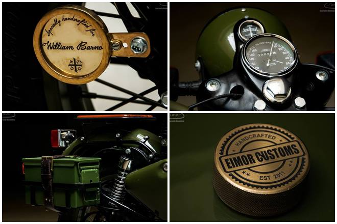 The original seating has been replaced with a single-seat set up with vintage-looking spring and leather, and instead of the pillion seat it now gets a wooden frame carrier. What adds to the retro appeal are the military-style petrol canister and utility box. (Photo: Eimor Customs)
