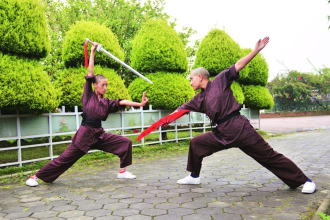 Jigme Rupa Lhamo (left) and Jigme Osel Dipam during a Kung Fu training session