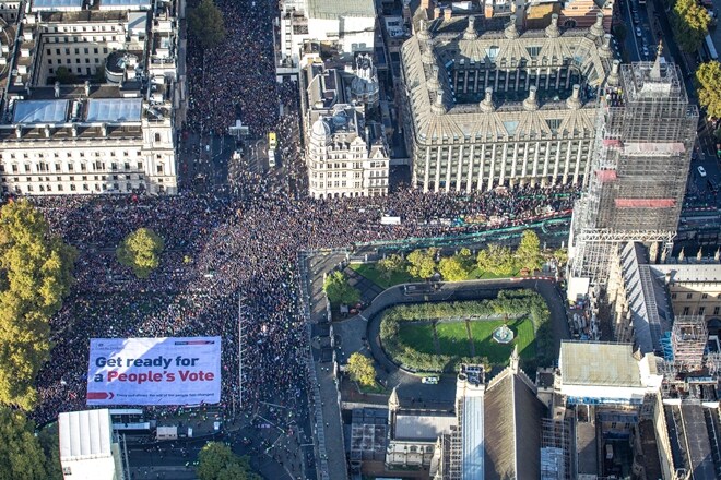 An aerial view of the anti-Brexit protest in Parliament Square, London, Saturday Oct. 19, 2019 after it was announced that the Letwin amendment, which seeks to avoid a no-deal Brexit on October 31, had been accepted. (Led By Donkeys via AP)
