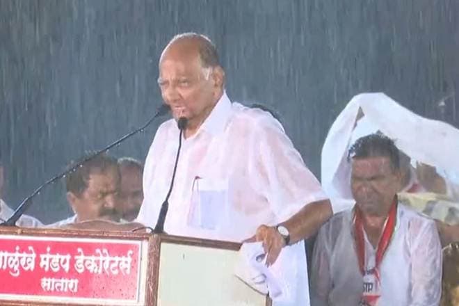 Sharad Pawar addresses rally in rain in Satara Sharad Pawar addresses rally in rain in Satara