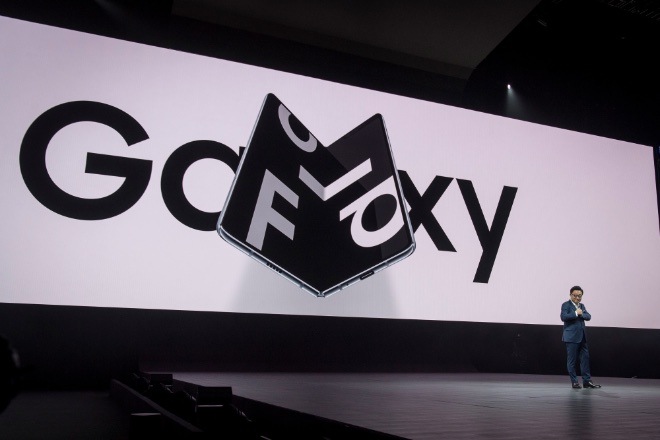 Samsung unveiled the Galaxy Fold smartphone during the Samsung Unpacked launch event on Feb. 20. Photographer: David Paul Morris/Bloomberg