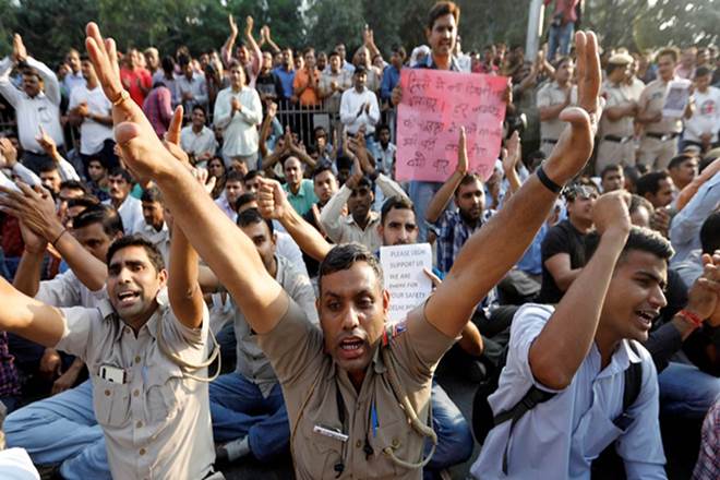 Delhi Police personnel carried out protests after their colleague was assaulted by a lawyer.