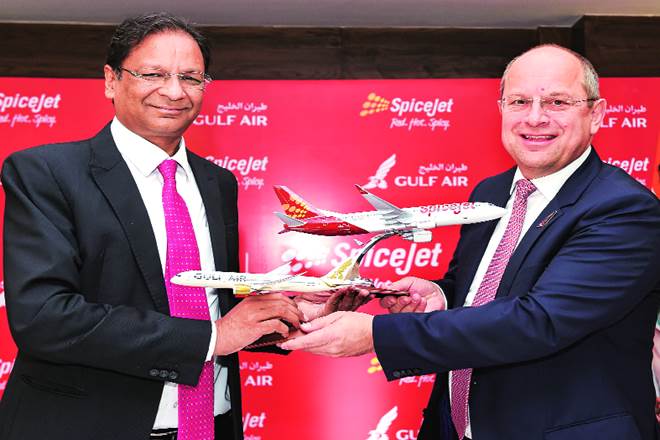 SpiceJet CMD Ajay Singh (left) and Gulf Air CEO Kresimir Kucko at a function to sign an MoU between the airlines, in New Delhi on Wednesday (Image: PTI)