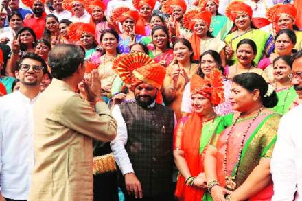 Uddhav and Aaditya Thackeray with other Shiv Sena leaders in Thane on Thursday