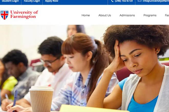 A screenshot of University of Farmington website 
