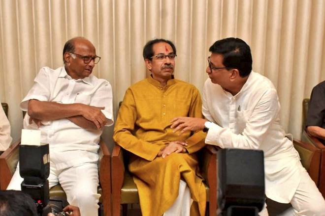 Shiv Sena chief Uddhav Thackeray with NCP chief Sharad Pawar and Maharashtra Congress president Balasaheb Thorat (PTI Image)