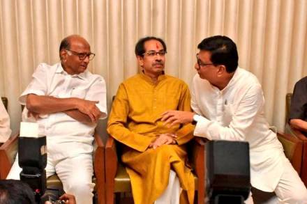 Shiv Sena chief Uddhav Thackeray with NCP chief Sharad Pawar and Maharashtra Congress president Balasaheb Thorat (PTI Image)