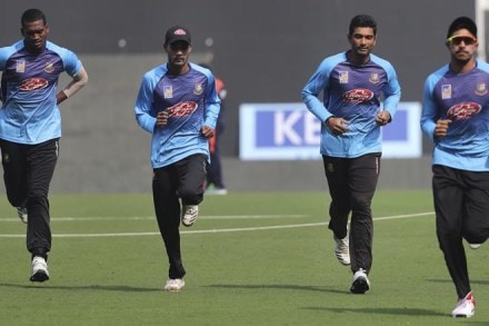Bangladesh players warm up during a practice session ahead of their third T20 international cricket match against India in Nagpur. (AP Photo) Bangladesh players warm up during a practice session ahead of their third T20 international cricket match against India in Nagpur. (AP Photo)