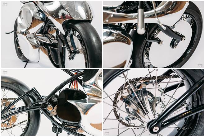 Jay explored what he calls “fundamental design elements” with his previous build but with the Stingray, he decided to disregard the standard geometry and proportions. It is powered by a ME1507 permanent magnet synchronous motor (PMSM) that delivers 14.5 kW (about 19.4 hp). Jay used to build the frame, forks, and swingarm. Virtually every component is curved on three axes, and uses as few pieces as possible. The looped downtube, for instance, is made from a single piece. (Source: Bikeexif)