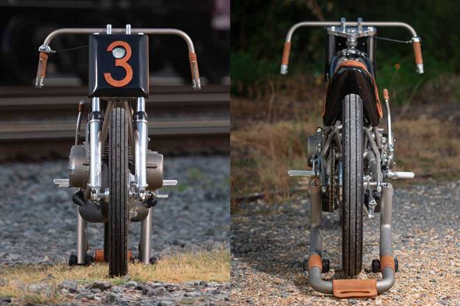 Besides the frame and suspension, intriguing handiwork is done on the handlebars that really set the Broadtracker tone with their bent downwards finish. It has standard running lights and electrics are neatly hidden under the seat. It weighs only about 100 kg and runs on skinny tyres with a giant engine. This really must be something to twist open the throttle on.