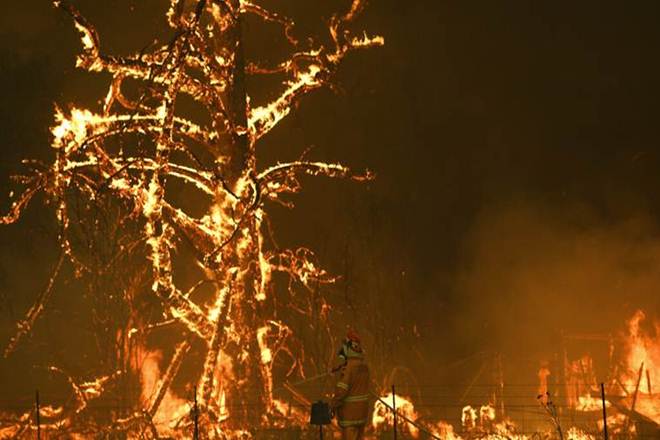 Fire Service crew fight the blaze at Gospers Mountain at a property at Bilpin in New South Wales state. (AP)
Fire Service crew fight the blaze at Gospers Mountain at a property at Bilpin in New South Wales state. (AP)