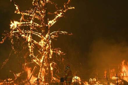 Fire Service crew fight the blaze at Gospers Mountain at a property at Bilpin in New South Wales state. (AP)
Fire Service crew fight the blaze at Gospers Mountain at a property at Bilpin in New South Wales state. (AP)