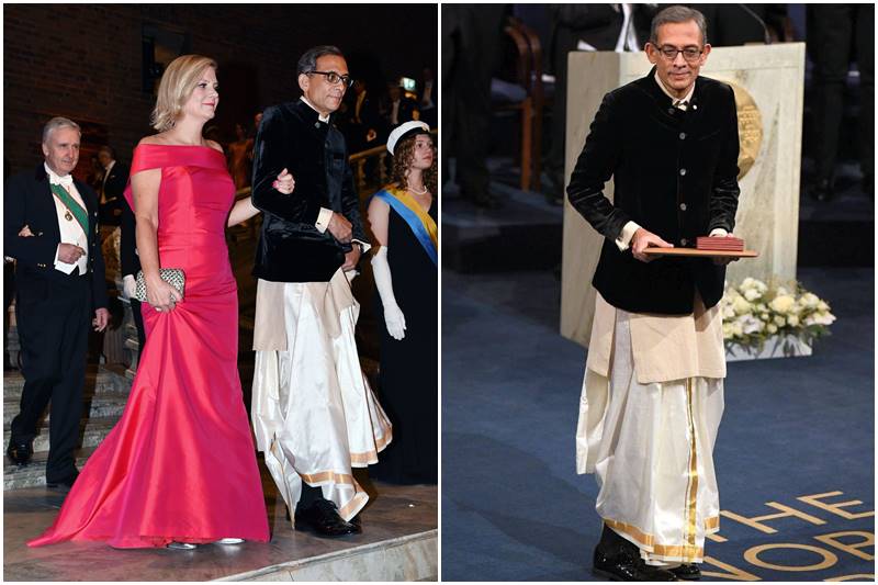 abhijit banerjee, abhijit banerjee in dhoti, abhijit banerjee in traditional dress, esther duflo, esther duflo in saree, nobel prize, nobel prize 2019, nobel prize for economics