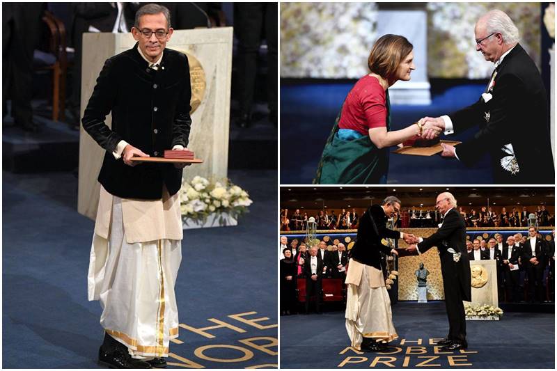 abhijit banerjee, abhijit banerjee in dhoti, abhijit banerjee in traditional dress, esther duflo, esther duflo in saree, nobel prize, nobel prize 2019, nobel prize for economics
