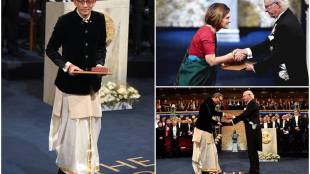 abhijit banerjee, abhijit banerjee in dhoti, abhijit banerjee in traditional dress, esther duflo, esther duflo in saree, nobel prize, nobel prize 2019, nobel prize for economics