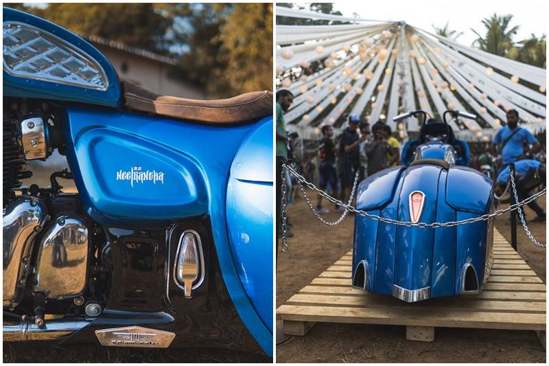 This isn't the most practical design especially with the motorcycle sitting so close to the ground you'll scrape the sides easily if you try to lean it but then practicality isn't the first agenda for custom bike builder. The bright mettalic blue paint has earned it its name 'Neelkantha' - rather fittingly.
